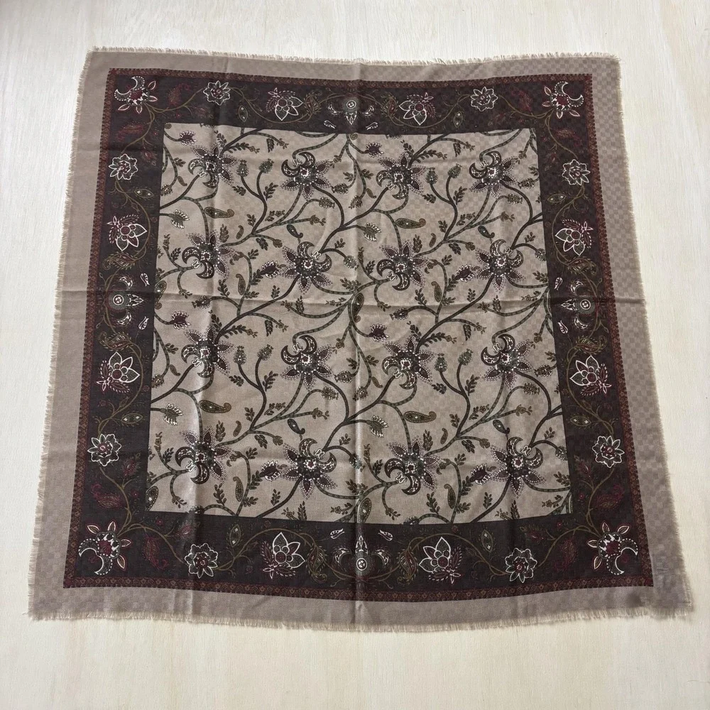 Vintage Floral Square Scarf Womens One Size Brown Fringe Polyester Made In Italy